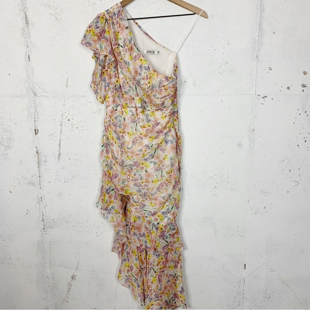 Amur Clayton Silk One Shoulder Ruffle Water Color Dress Size 6